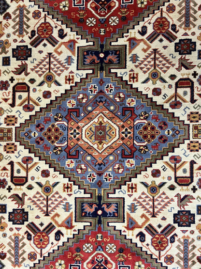 Belgium Power Loomed Wool Rug 8x12 Geometric Medallions Persian Tribal Pattern Ivory Red Blue