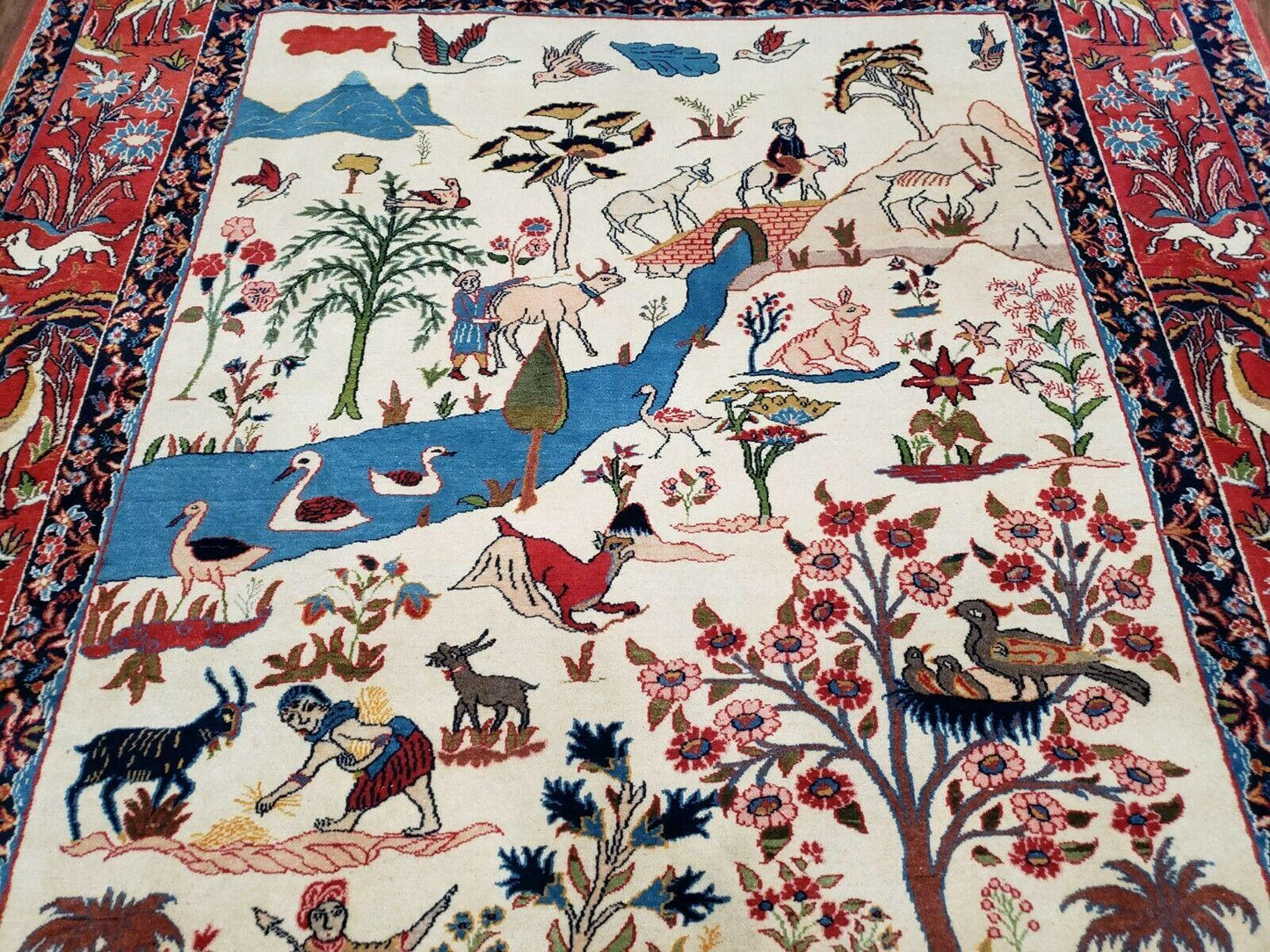 Antique Persian Isfahan Rug 5x7 Hand Knotted Wool Pictorial Tree Of Life