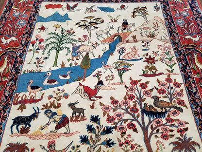 Antique Persian Isfahan Rug 5x7 Hand Knotted Wool Pictorial Tree Of Life