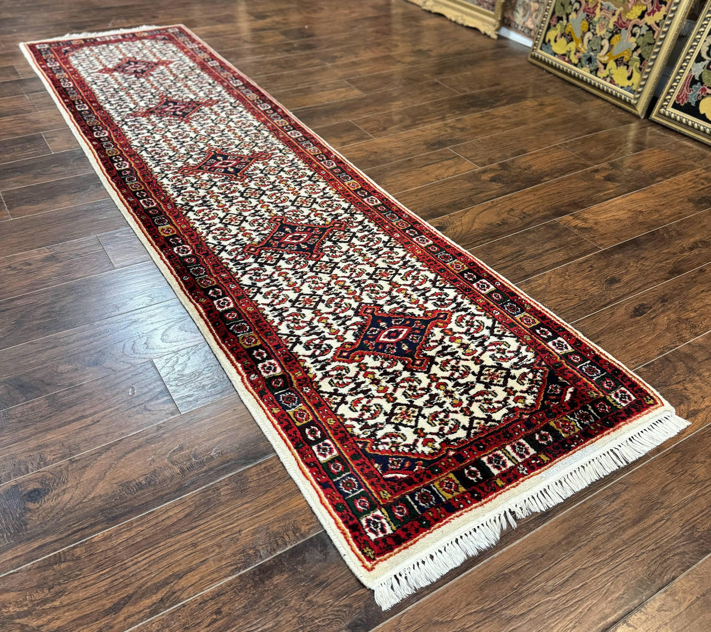 Indo Persian Bidjar Runner Rug 2.8 x 10, Vintage Rug for Hallway, 10ft Runner, Wool Handmade Ivory and Red, Medallions