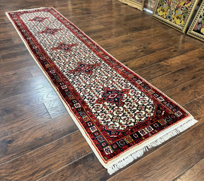 Indo Persian Bidjar Runner Rug 2.8 x 10, Vintage Rug for Hallway, 10ft Runner, Wool Handmade Ivory and Red, Medallions