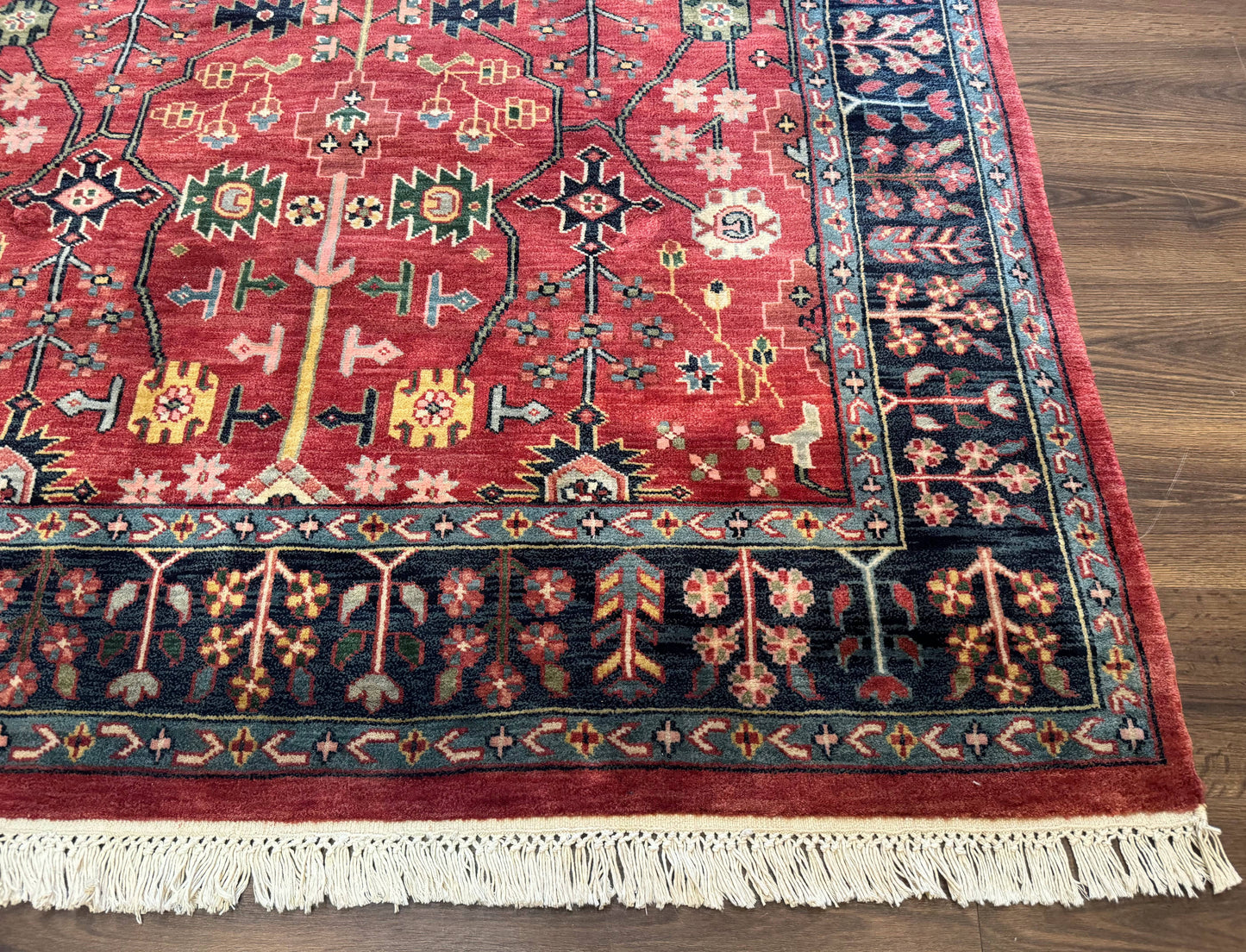 Indo Persian Heriz Serapi Rug 6x8 Handmade Wool Allover Pattern In Rust Red And Navy Blue