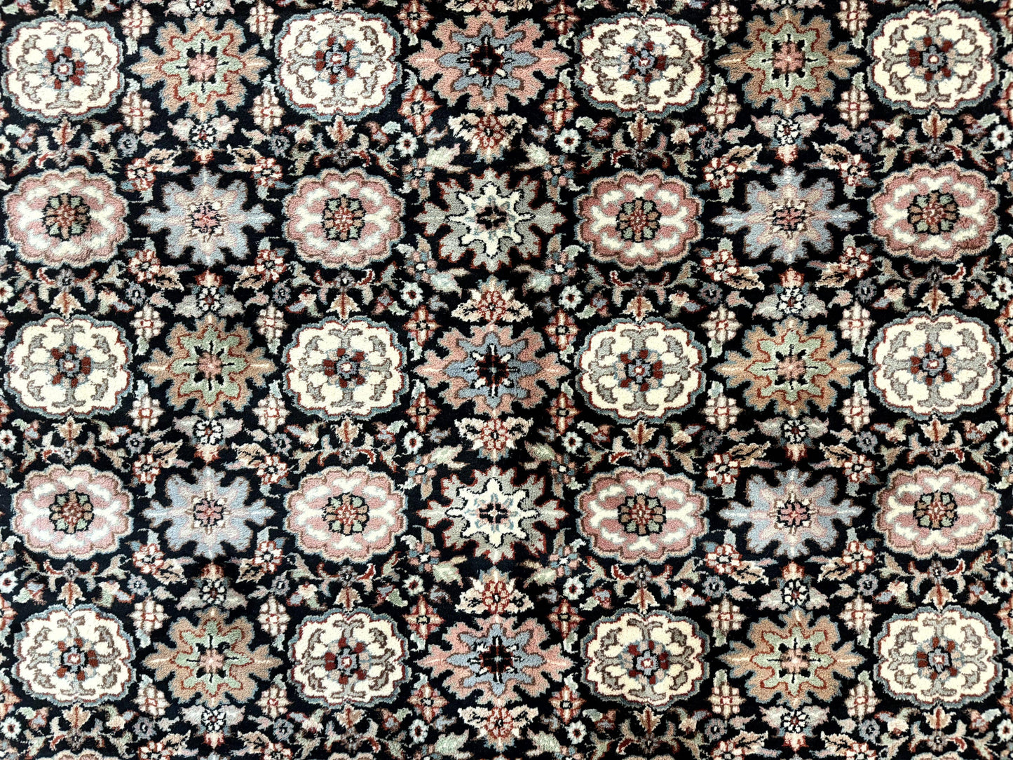 Indo Persian Rug 9x12, Vintage Handmade Wool Carpet, Repeated Allover Motif, Navy Blue and Pink