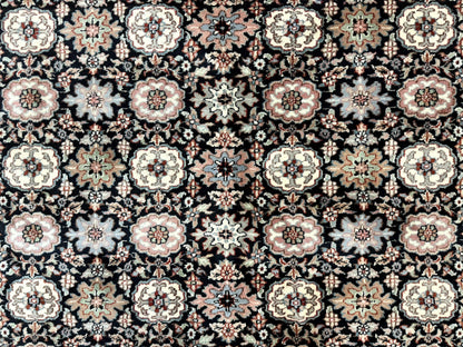 Indo Persian Rug 9x12, Vintage Handmade Wool Carpet, Repeated Allover Motif, Navy Blue and Pink