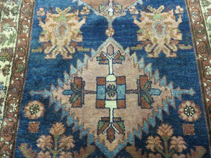 Blue Vintage Persian Hamadan Rug Hand Knotted Wool 4x6 Ft 1950s