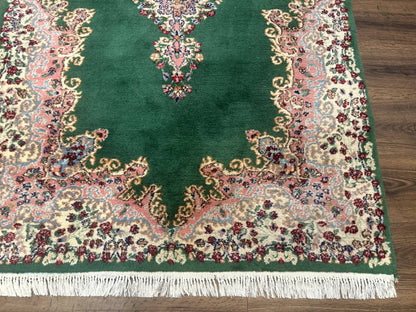 Green Persian Kerman Rug 4x6 Vintage Semi Open Field With Cream Borders