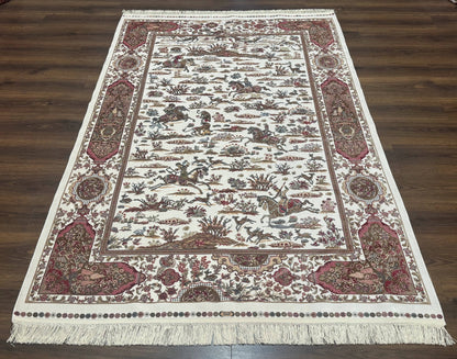 Turkish Silk Rug 5x8 Ivory Hunting Design Animal Pictorials Bamboo Silk