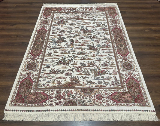 Turkish Silk Rug 5x8 Ivory Hunting Design Animal Pictorials Bamboo Silk