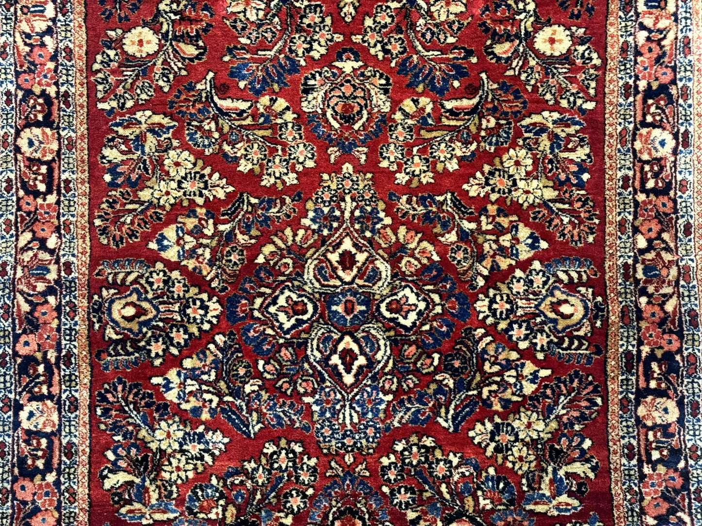 Antique Persian Sarouk Rug Hand Knotted 3x5 Red Floral Navy Ivory 200 KPSI