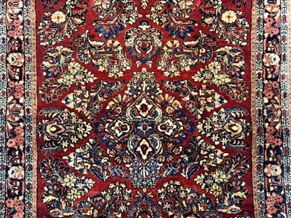 Antique Persian Sarouk Rug Hand Knotted 3x5 Red Floral Navy Ivory 200 KPSI
