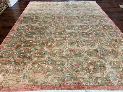 Large Modern Pakistani Rug 9x12, Handmade Wool Carpet, Peshawar Rug, Hand Knotted Oriental Rug, Contemporary, Floral, Light Green