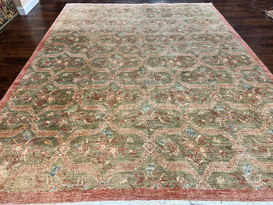 Large Modern Pakistani Rug 9x12, Handmade Wool Carpet, Peshawar Rug, Hand Knotted Oriental Rug, Contemporary, Floral, Light Green