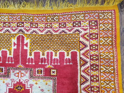 Vintage Moroccan Rug 6x10, Red and Yellow Moroccan Carpet, Handmade Bohemian Tribal Area Rug, Hand-Knotted 1970s Wool Rug, Medalions