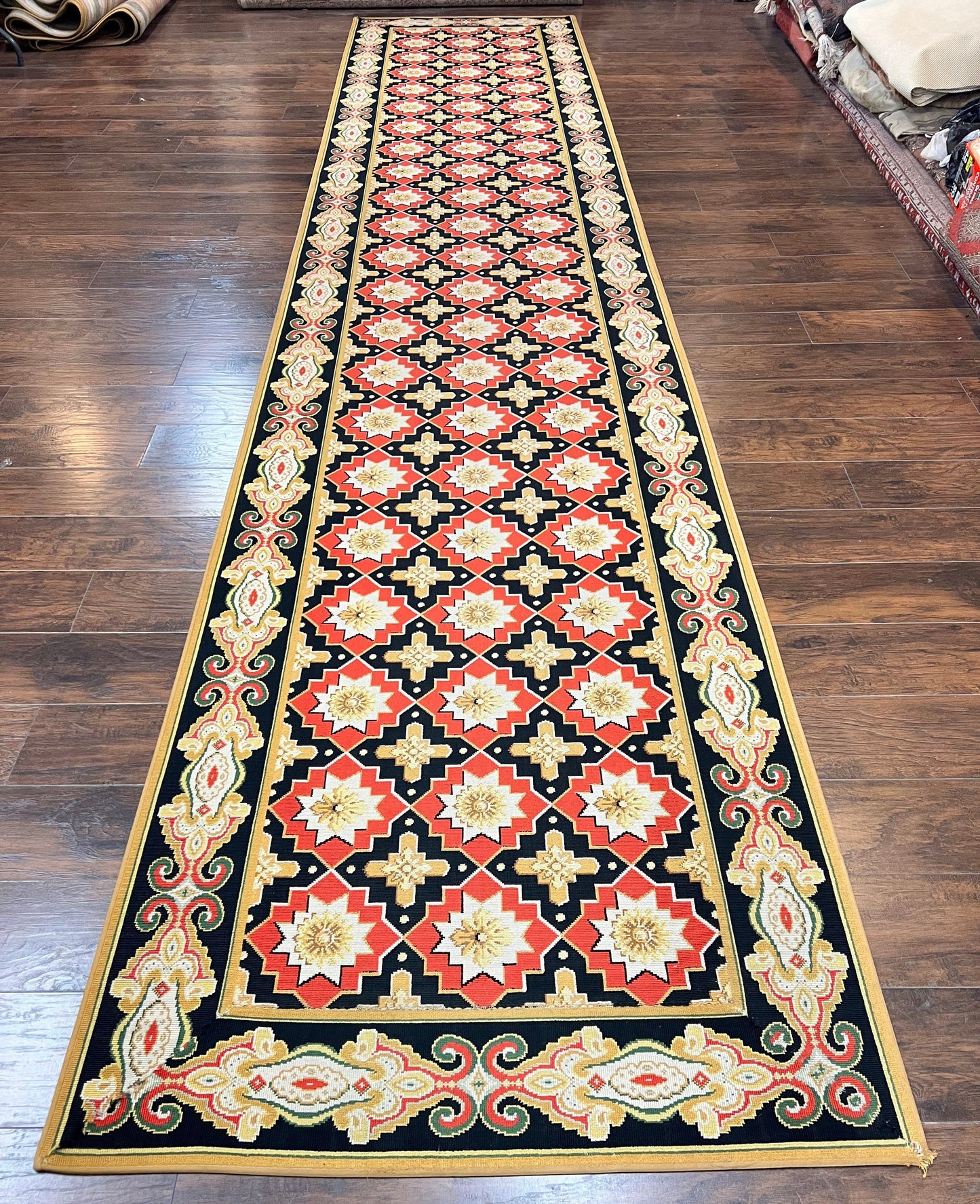 Runner Rug 4x19 Wool Panel Design Hallway Carpet Vintage European Style