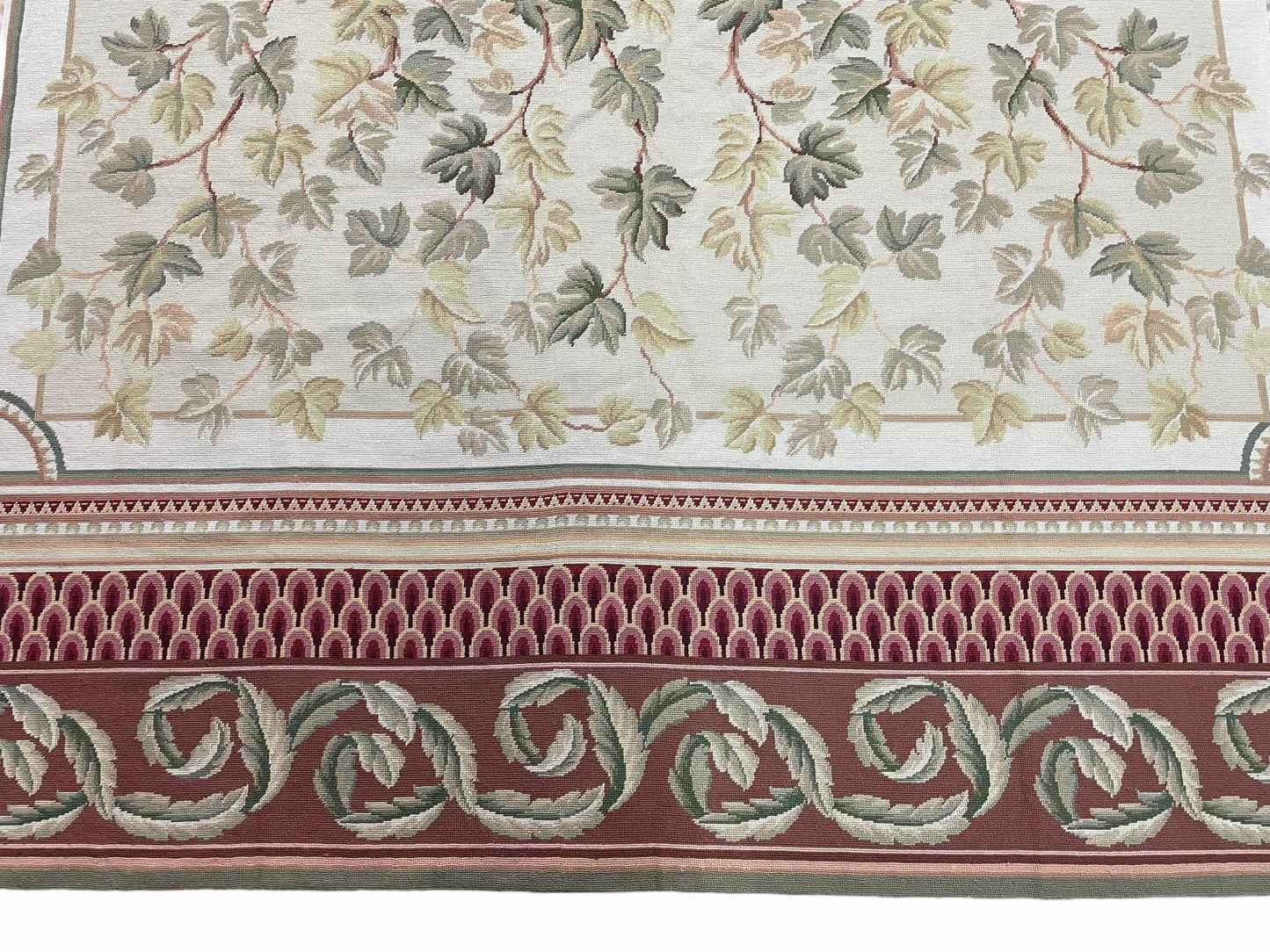 Aubusson Needlepoint Rug Traditional 9x12 Handmade Wool Floral Cream Green Maroon