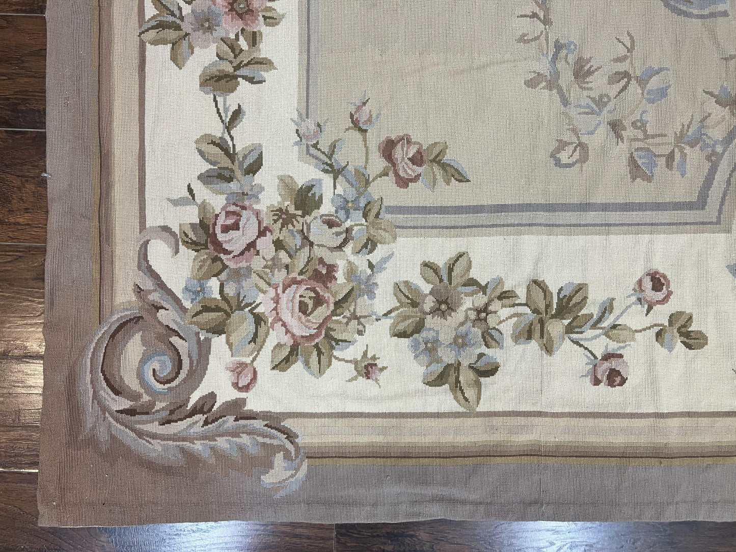 Aubusson Needlepoint Rug 9x12 Vintage Handmade Wool Beige Floral Roses European Elegant