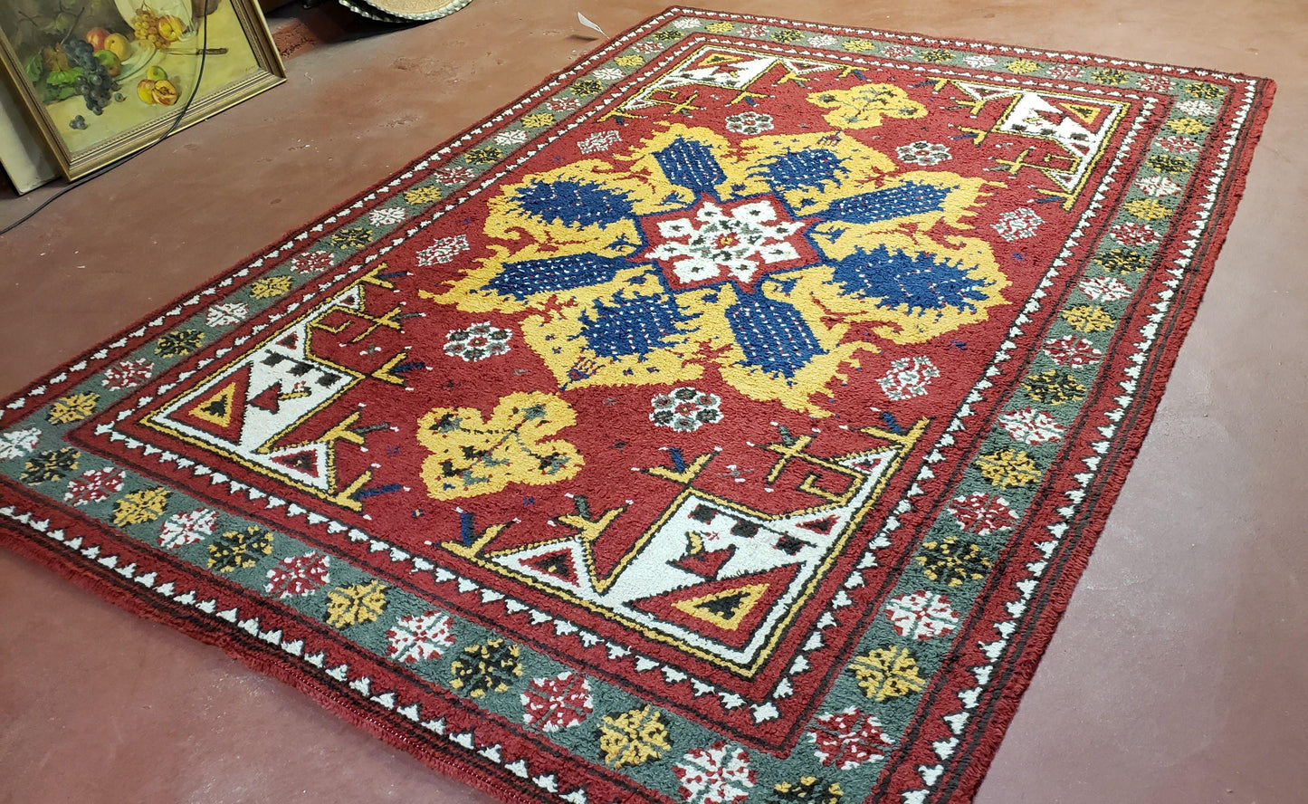 Moroccan Heriz Rug 6x9 Large Central Medallion Red Yellow Blue Colorful Wool Area Rug