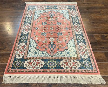 Karastan Rug 4x6 Bergama Design #737, Karastan Area Rug, Vintage Wool Karastan Carpet, Original Collection 700 Series, Salmon Red Light Blue