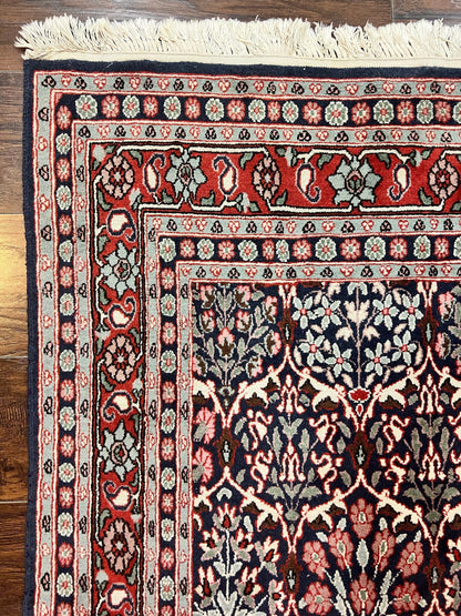 Pak Persian Rug 3x4, Wool Hand Knotted Vintage Traditional Carpet, Navy Blue & Red, Very Fine Small Handmade Floral Rug