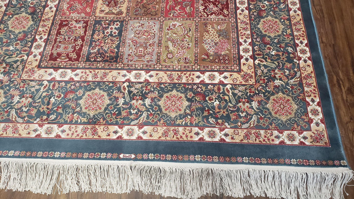 Silk Carpet 4x6 Blue, Panel Design, Four Seasons Pattern, Super Fine & Soft, Bamboo Silk, 4 x 6 Oriental Area Rug, High Quality, New Rug