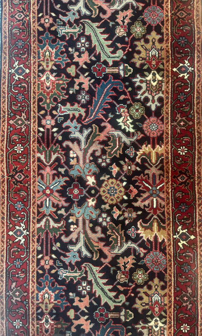 Indo Persian Runner Rug 2.7 x 13, Navy Blue and Red, Allover Floral, Wool, 13ft Runner