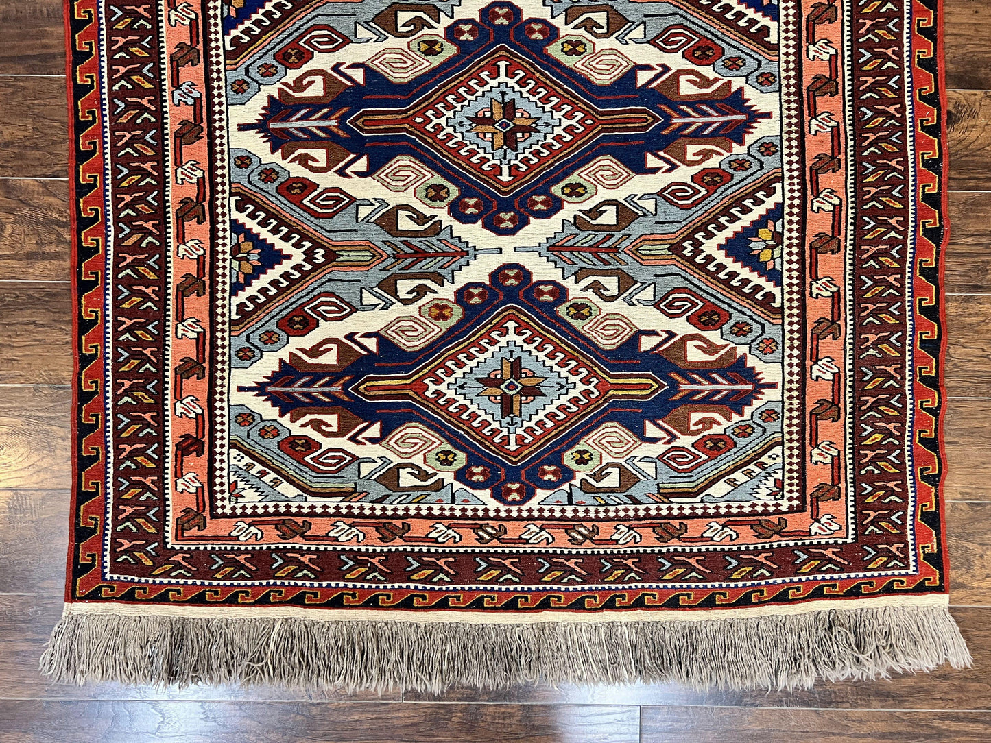 Russian Soumak Rug 6x8, Wool Handmade Antique Kilim Carpet, Multicolor 6 x 8 Geometric Medallions Caucasian Rug, Medium Size