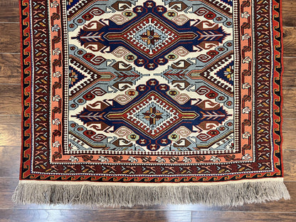 Russian Soumak Rug 6x8, Wool Handmade Antique Kilim Carpet, Multicolor 6 x 8 Geometric Medallions Caucasian Rug, Medium Size