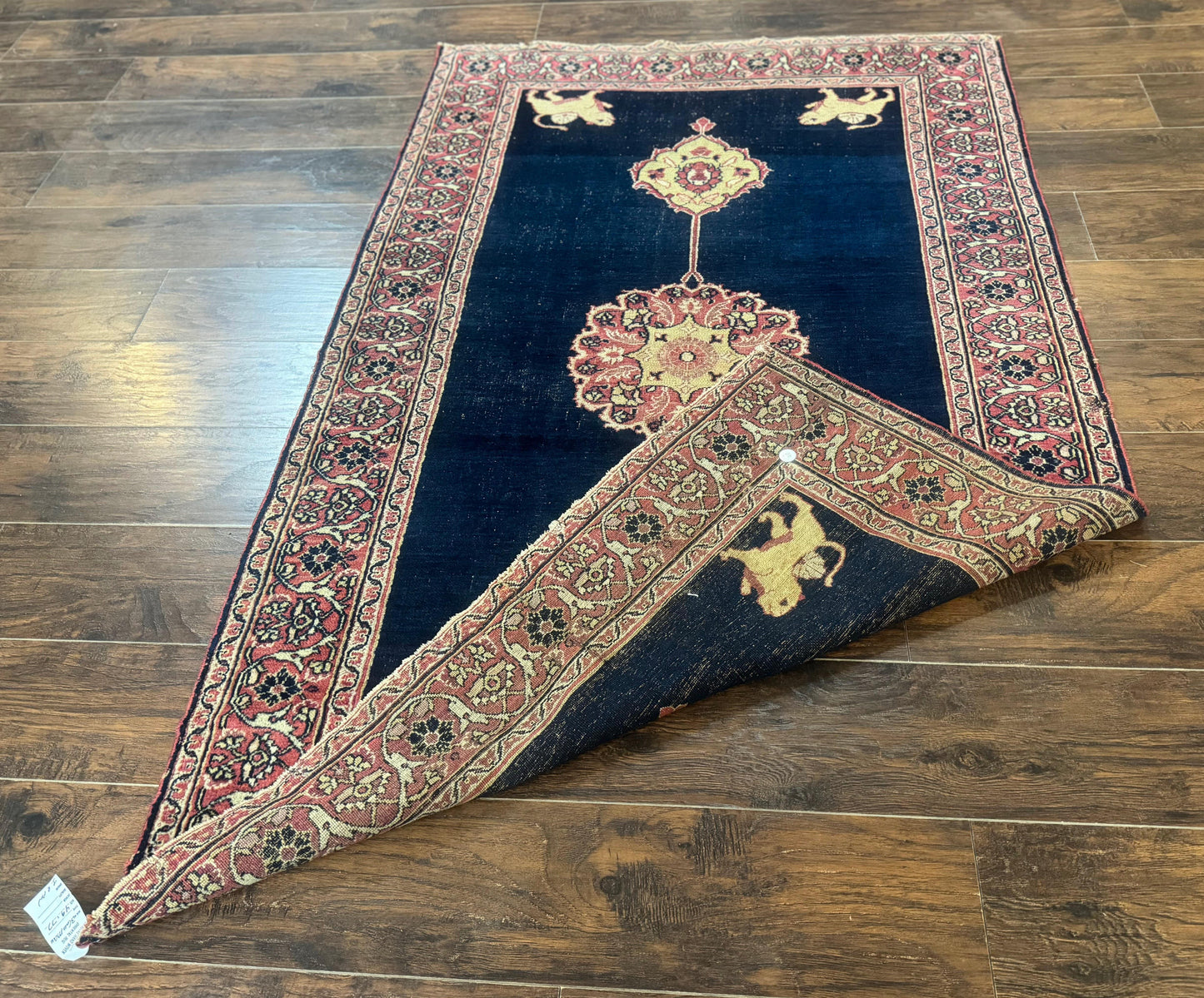 Antique Persian Mashad Rug 4x6, Semi Open Field, Navy Blue, Lion Pictorials, Triple Medallion, Dorokhsh Rug