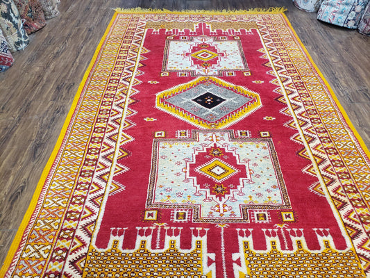 Vintage Moroccan Rug 6x10, Red and Yellow Moroccan Carpet, Handmade Bohemian Tribal Area Rug, Hand-Knotted 1970s Wool Rug, Medalions