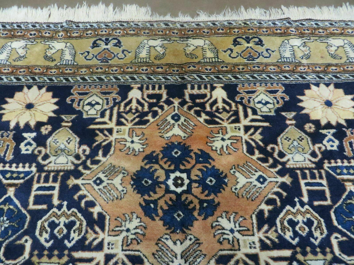 Persian Qum Rug Five Foot Six By Eight Foot Eight Navy Blue Vintage 1960s Cleaned