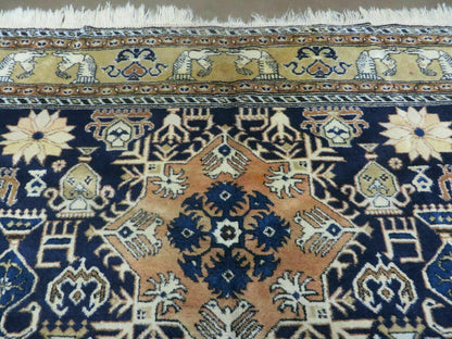 Persian Qum Rug Five Foot Six By Eight Foot Eight Navy Blue Vintage 1960s Cleaned
