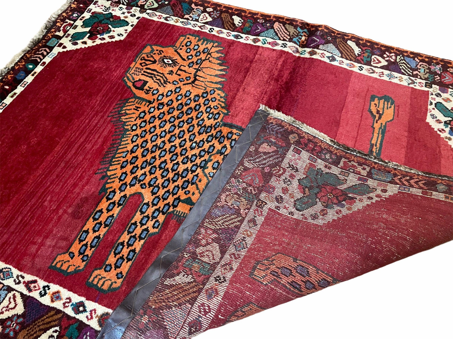 Antique Persian Gabbeh Rug Wool Hand Knotted 4x5 Lion Pictorial Tribal