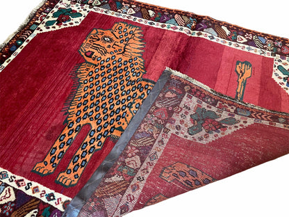Antique Persian Gabbeh Rug Wool Hand Knotted 4x5 Lion Pictorial Tribal