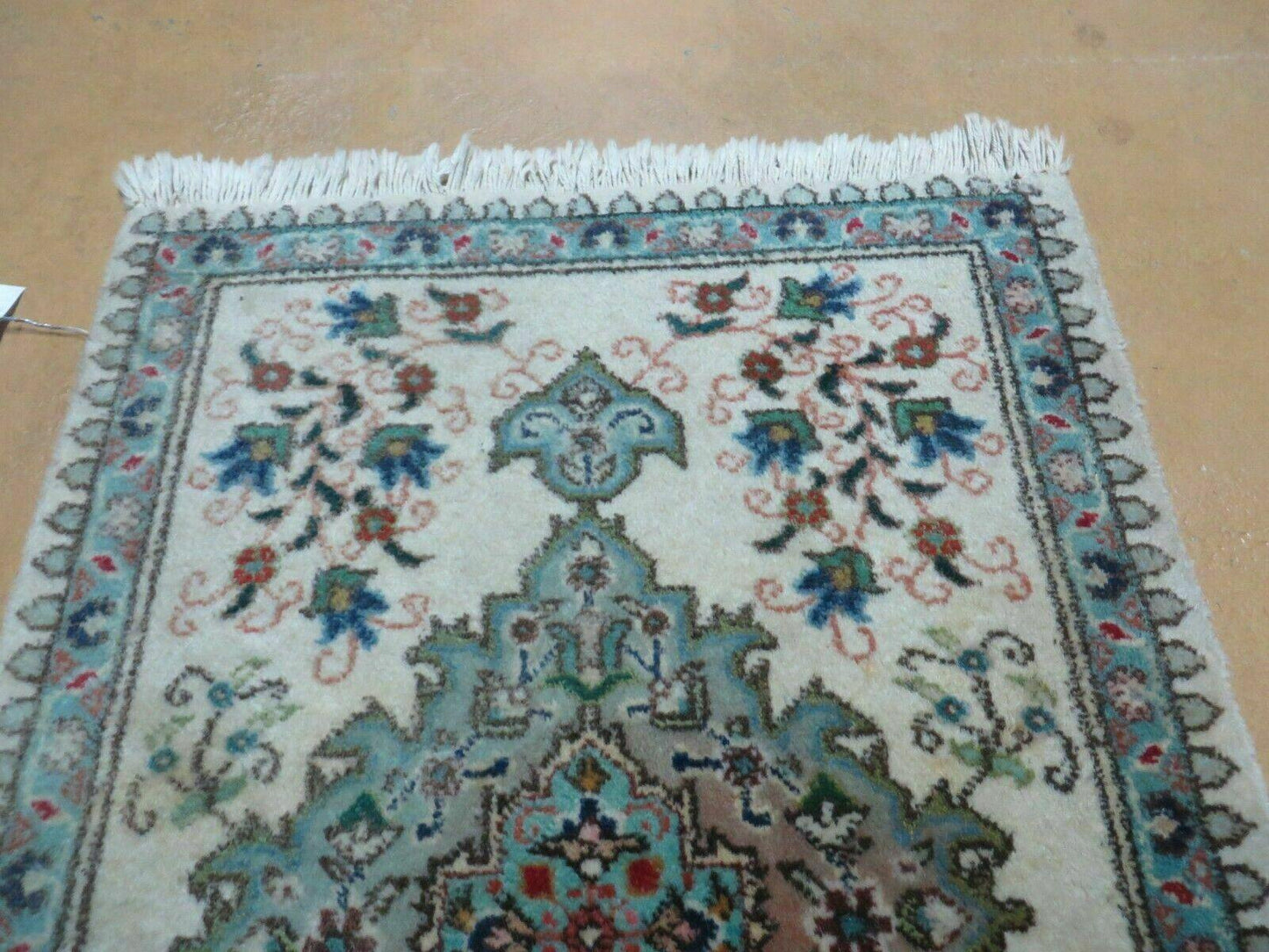 1' 9" X 2' 5" Handmade Indian Wool Rug Lahore Floral Design Small Oriental Rug Beige & Teal