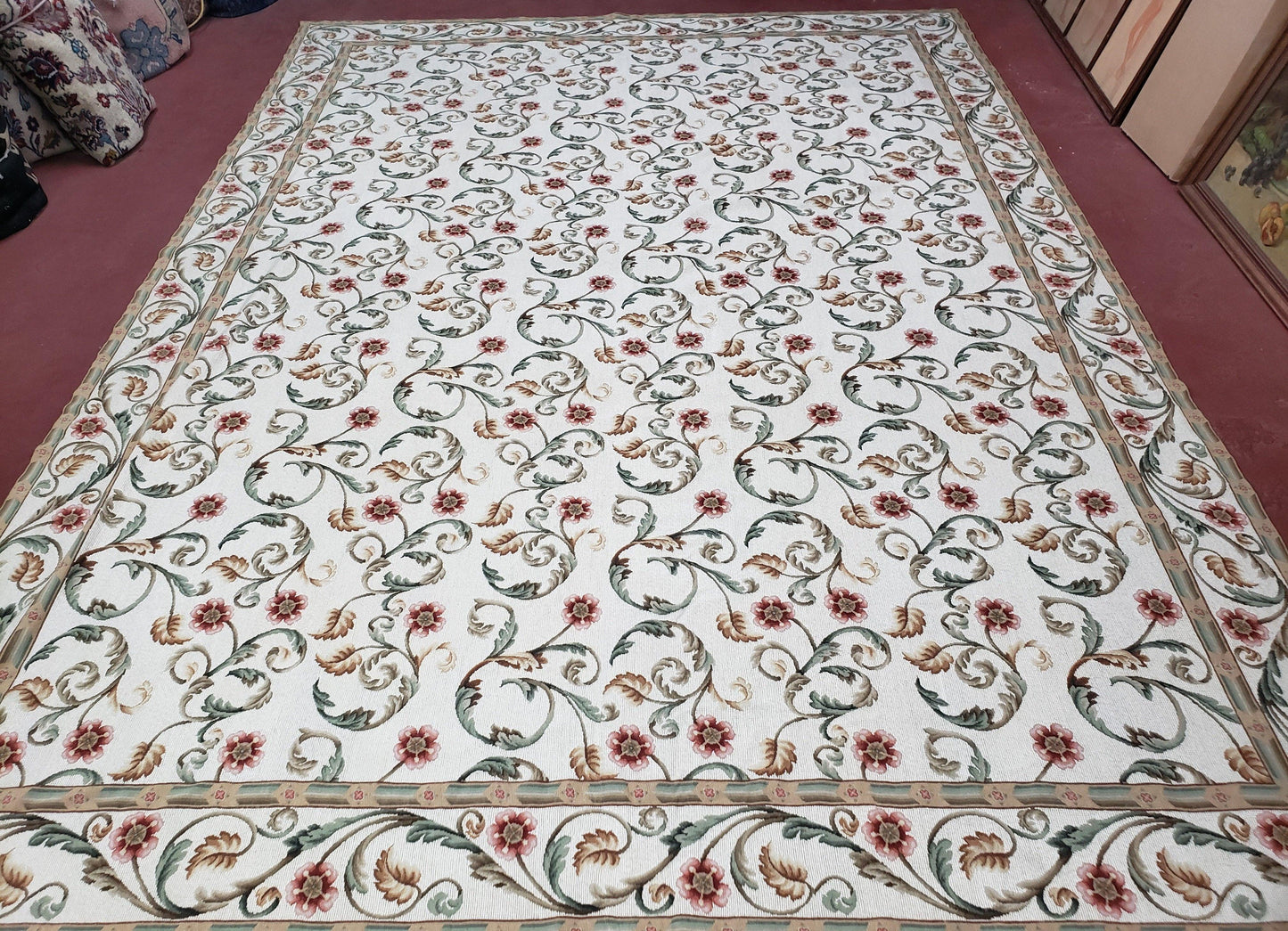 Needlepoint Rug 9x12, European Aubusson Design, Floral Allover Garden Pattern, New Needlepoint Area Rug, Ivory Rug, Hand Woven, Flatweave
