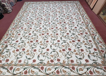 Needlepoint Rug 9x12, European Aubusson Design, Floral Allover Garden Pattern, New Needlepoint Area Rug, Ivory Rug, Hand Woven, Flatweave