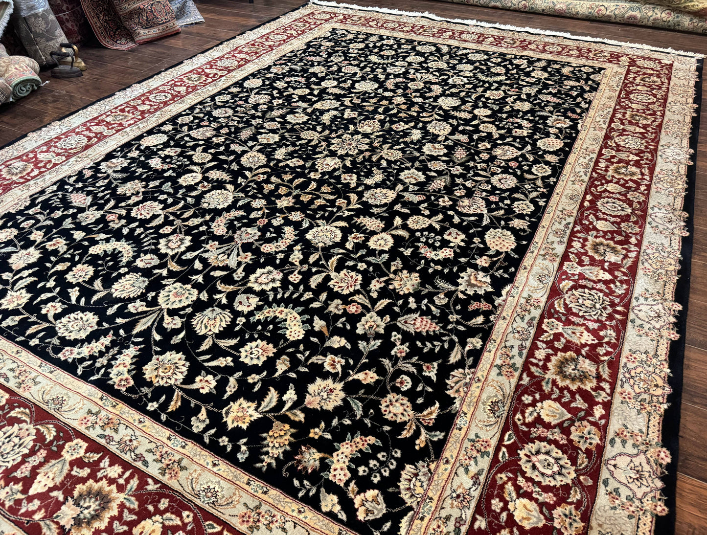 Sino Persian Rug 9x12 Hand Knotted Wool Silk Highlights Allover Floral Black And Dark Red