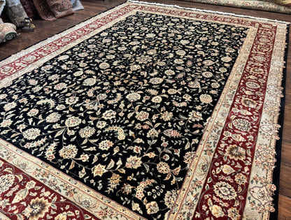 Sino Persian Rug 9x12 Hand Knotted Wool Silk Highlights Allover Floral Black And Dark Red