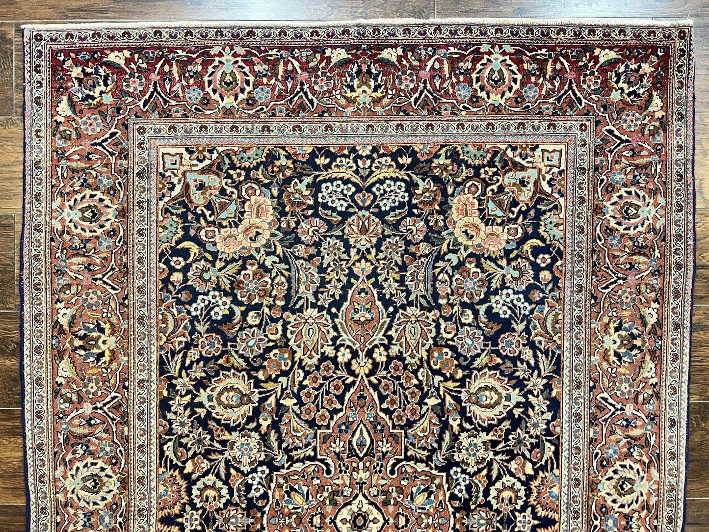 Persian Kashan Rug 4x7, Floral Medallion Vintage Handmade Hand Knotted Navy Blue & Red Wool Oriental Carpet, Highly Detailed Semi Antique Rug