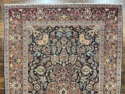 Persian Kashan Rug 4x7, Floral Medallion Vintage Handmade Hand Knotted Navy Blue & Red Wool Oriental Carpet, Highly Detailed Semi Antique Rug