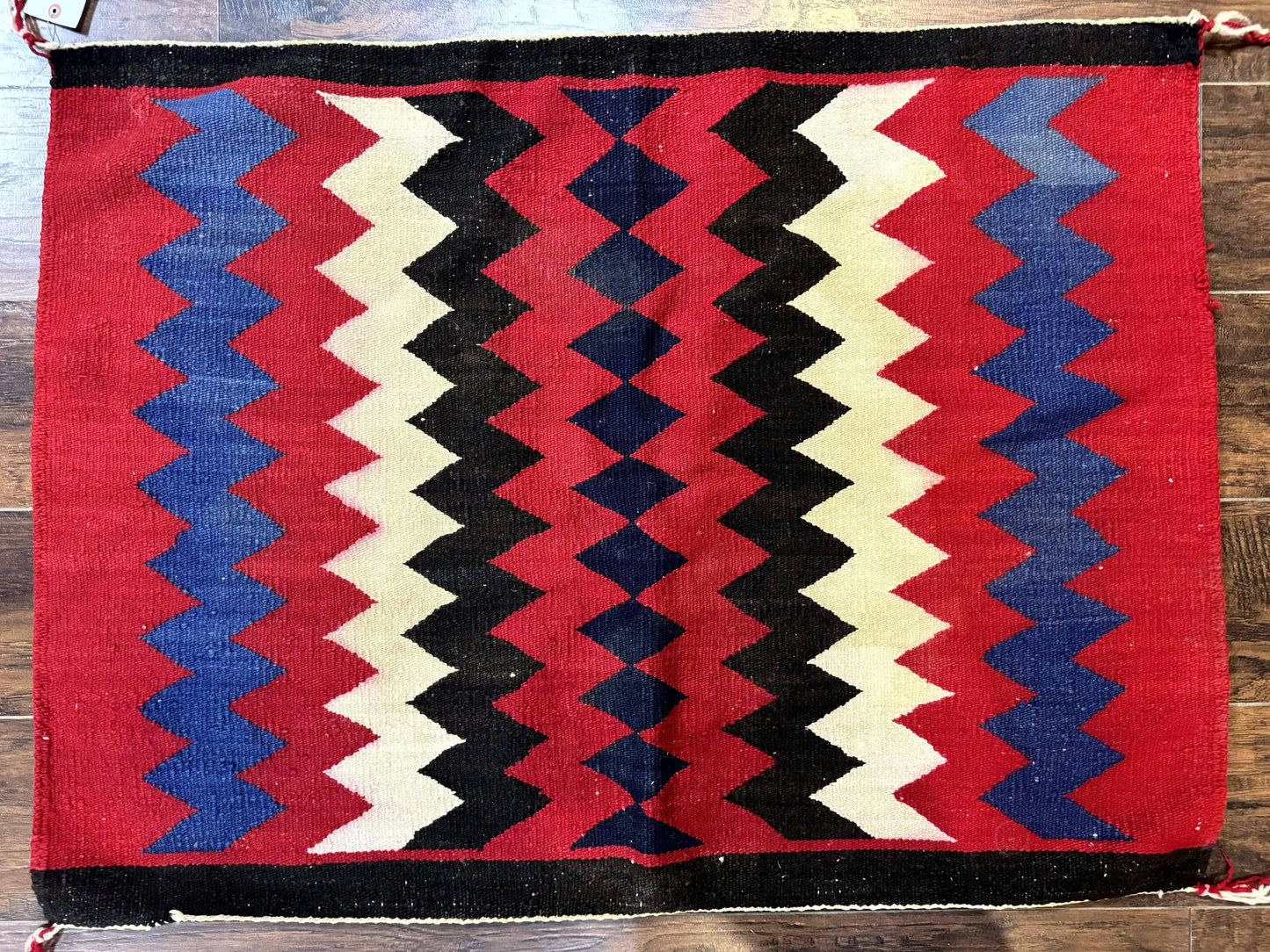 Antique Navajo Rug Handmade Wool Area Rug With Red Ivory Blue Zigzag Pattern