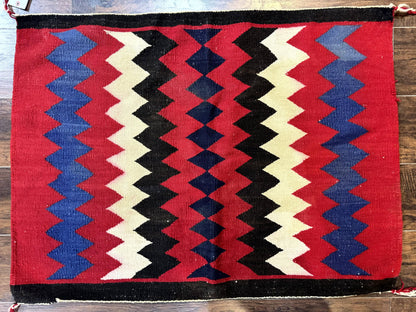 Antique Navajo Rug Handmade Wool Area Rug With Red Ivory Blue Zigzag Pattern