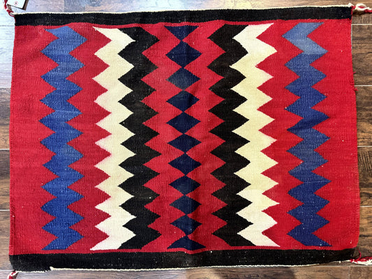 Antique Navajo Rug Handmade Wool Area Rug With Red Ivory Blue Zigzag Pattern