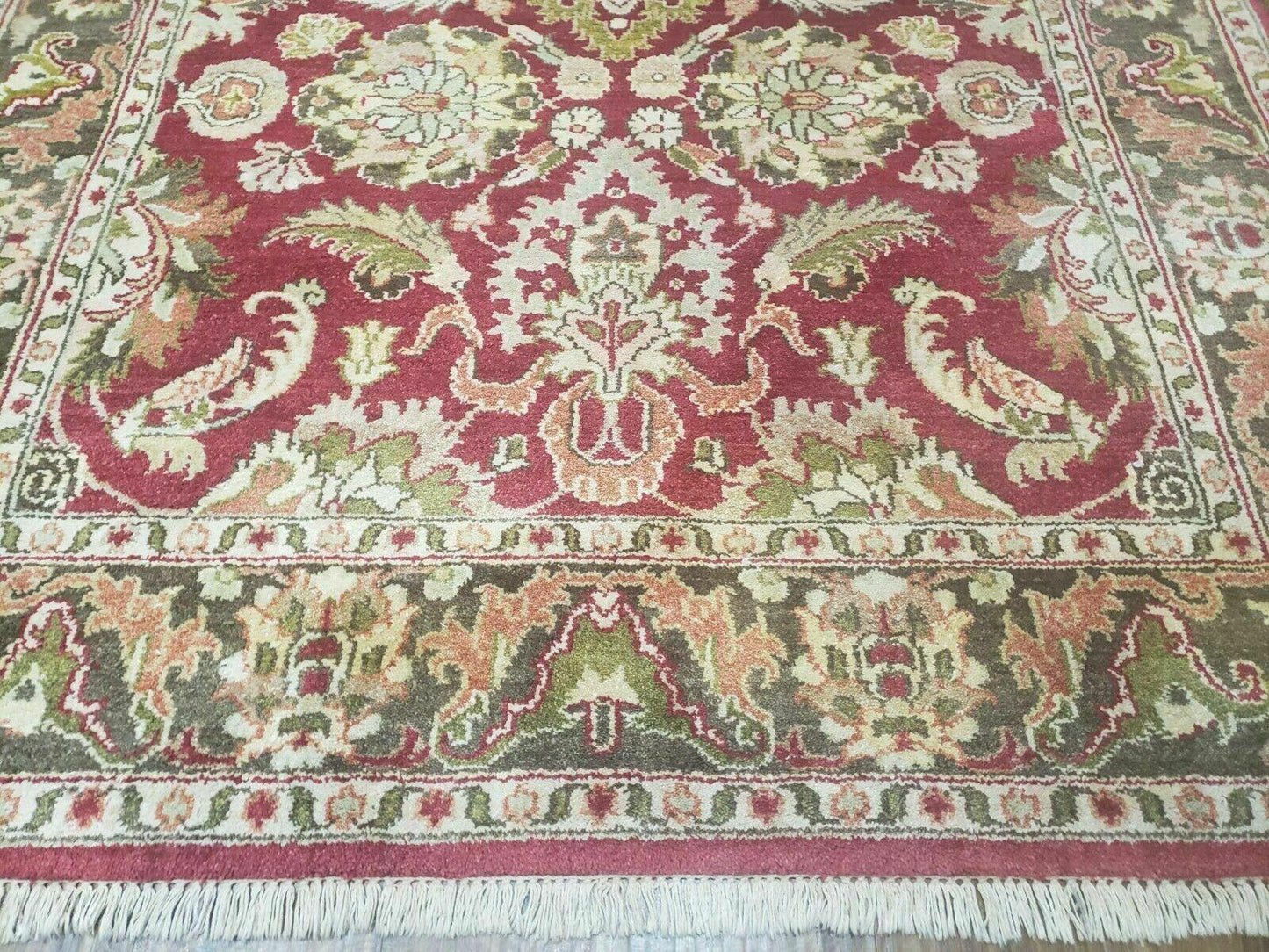 Indo Persian Rug 6x9, Hand Knotted Vintage Indian Sultanabad Agra Wool Rug, Handmade Oriental Carpet 6 x 9, Red Large Floral Design