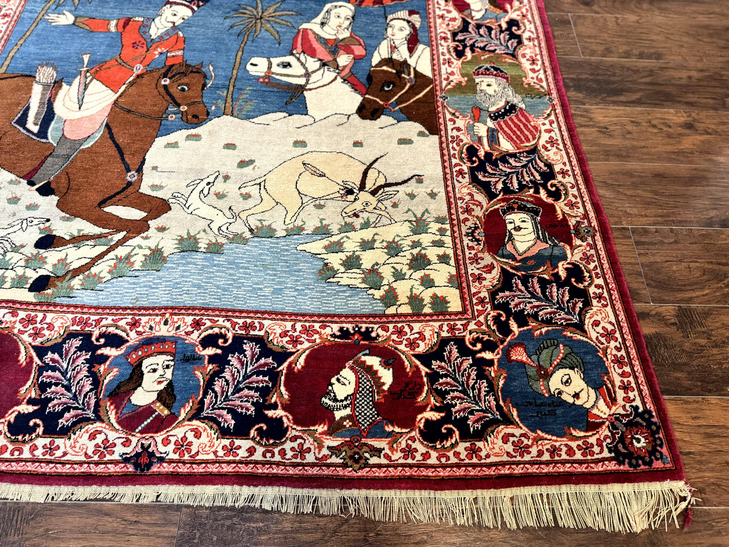 Rare Persian Kashan Pictorial Rug 6x9, King Bahram Hunting Scene, Persian Kings, Hand Knotted Persian Rug for Wall Hanging, Antique, Wool