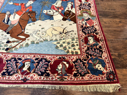 Rare Persian Kashan Pictorial Rug 6x9, King Bahram Hunting Scene, Persian Kings, Hand Knotted Persian Rug for Wall Hanging, Antique, Wool