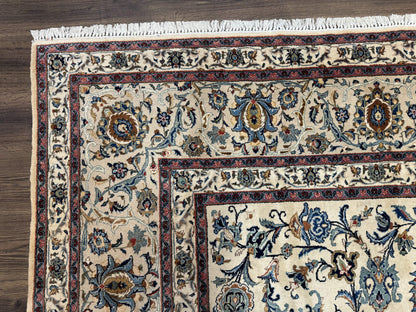 Persian Kashan Rug 10x14, Bone - Beige and Blue, Allover Pattern, Traditional Persian Carpet, Fine 260 KPSI