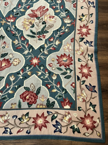 Teal Needlepoint Rug 6x9, Panel Design, Floral Bouquets, Handmade