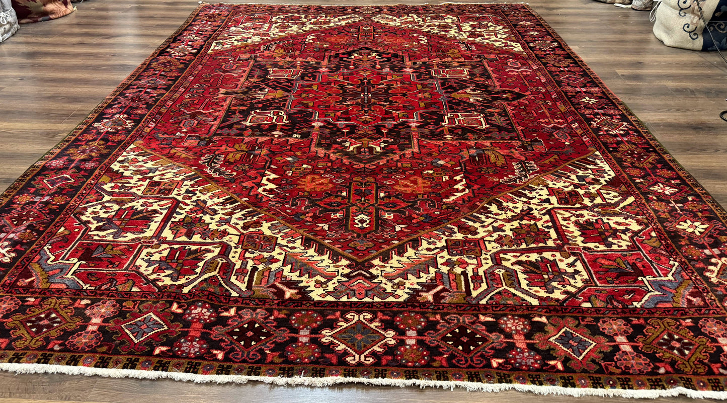Persian Heriz Rug 8x11, Geometric Design, Red & Cream