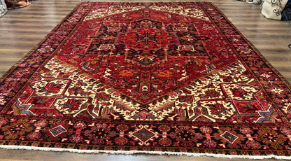 Persian Heriz Rug 8x11, Geometric Design, Red & Cream